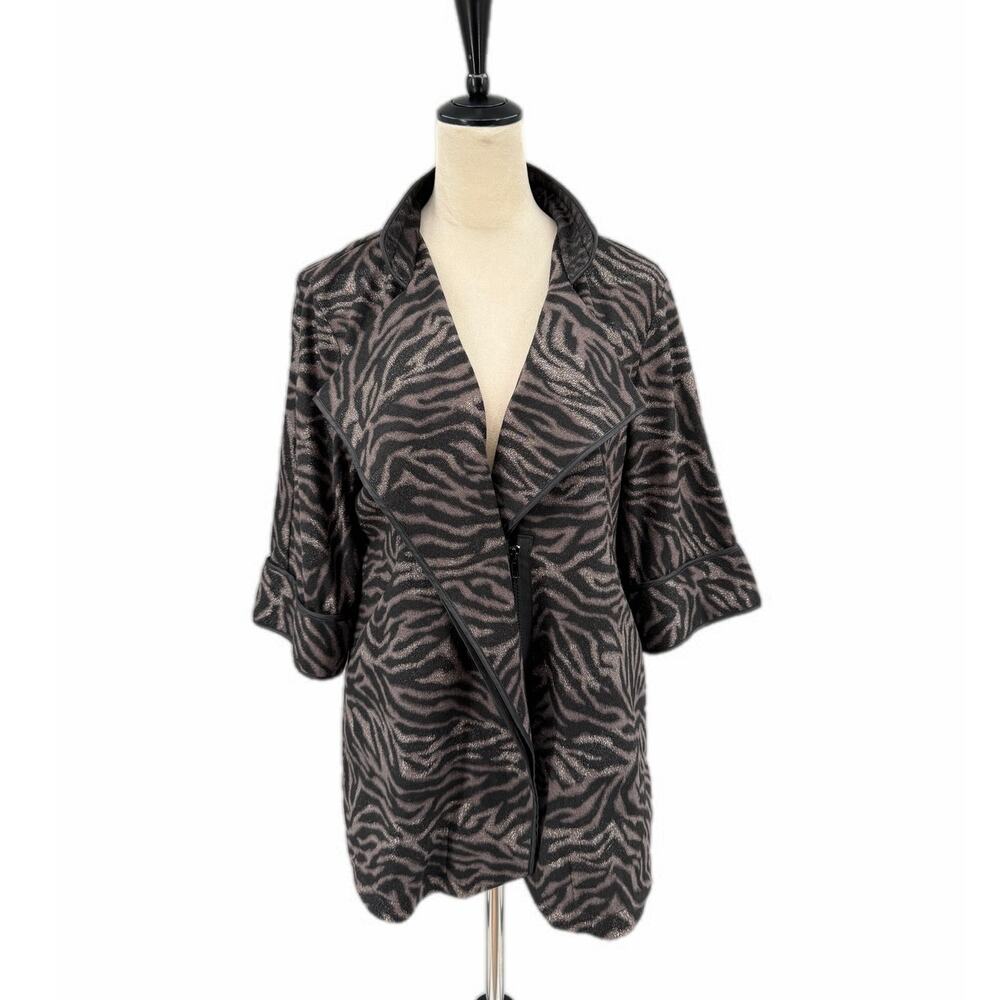 Damee, Inc. Zebra Taupe Sparkle Metallic Collared Wrap Zip 3/4 Sleeve Jacket